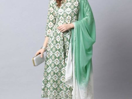 Aastha Fashion Women s Bottle Green Cotton Embroidered Kurta with Trouser & Dupatta on Sale