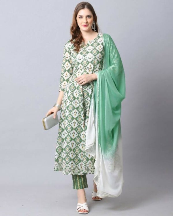 Aastha Fashion Women s Bottle Green Cotton Embroidered Kurta with Trouser & Dupatta on Sale