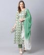 Aastha Fashion Women s Bottle Green Cotton Embroidered Kurta with Trouser & Dupatta on Sale