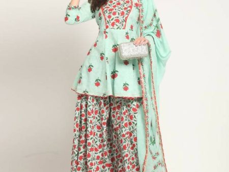 Aastha Fashion Women s Sea Green Cotton Jaipuri Printed Kurta with Trouser & Dupatta Fashion