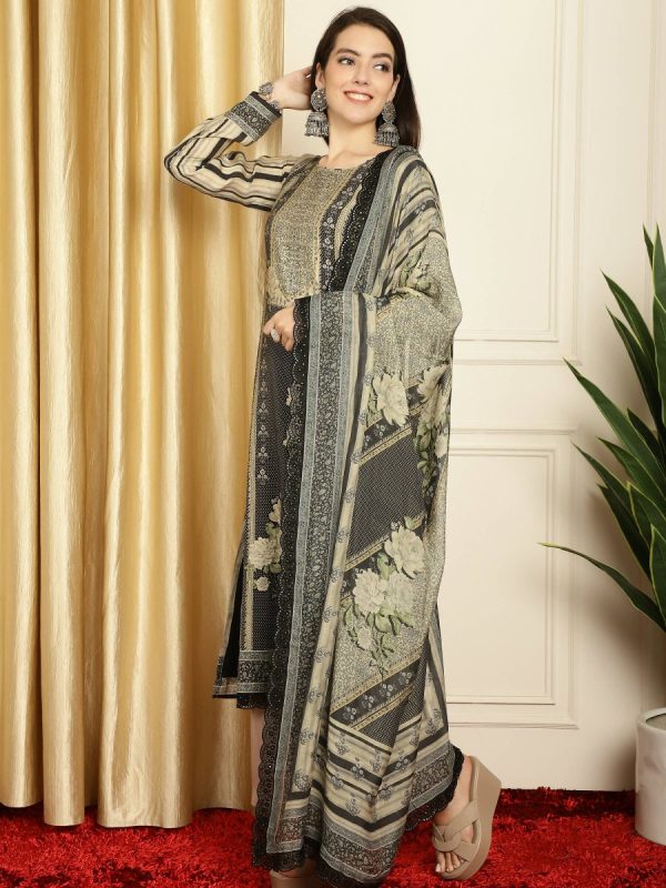 Aastha Fashion Women s Black Pashmina Digital Printed with Embroidered Lace work Kurta with Trouser & Dupatta Online Sale