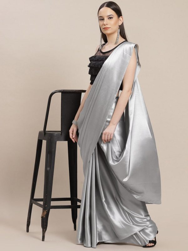 Anouk Grey Solid Satin Saree Sale