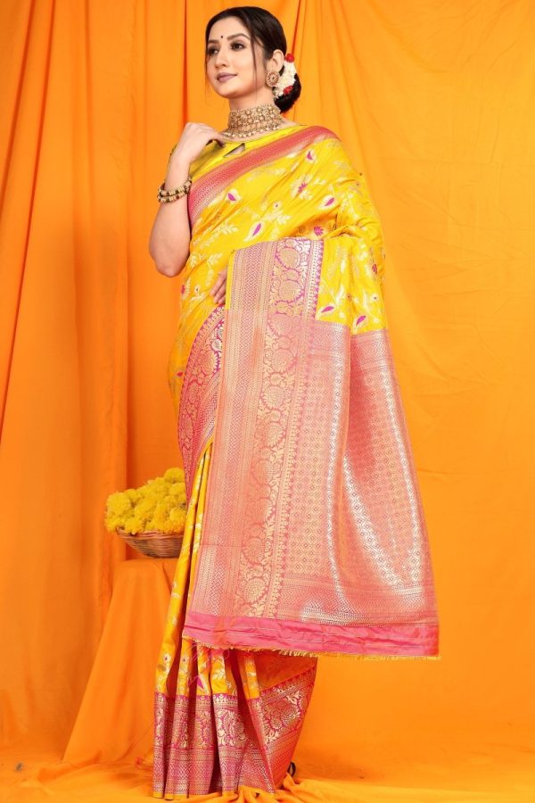 Aastha Fashion Yellow Woven Banarasi Silk Saree with Blouse For Cheap