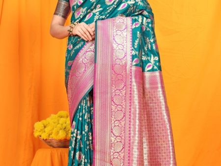 Aastha Fashion Teal Woven Banarasi Silk Saree with Blouse Sale