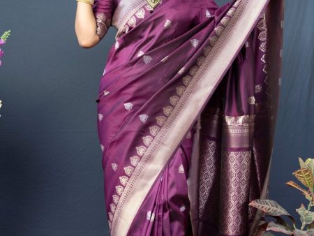 Aastha Fashion Wine Woven Banarasi Silk Saree with Blouse For Discount