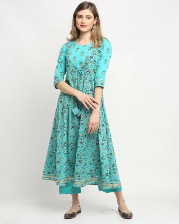 Aastha Fashion Women s Sky Blue Cotton Floral Printed Kurta with Trouser & Dupatta on Sale