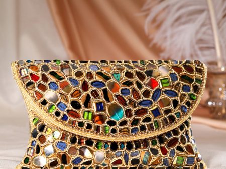 Rubans Gold-Toned & Red Embellished Purse Clutch on Sale