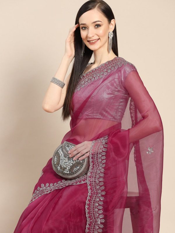 Anouk Pink & Silver-Coloured Sequinned Organza Saree For Cheap