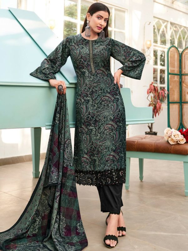 Aastha Fashion Women s Green Velvet Digital Print with Resham Thread work Kurta with Trouser & Dupatta For Discount