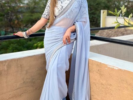 Anouk Grey Embroidered Pure Georgette Saree Cheap