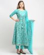 Aastha Fashion Women s Sky Blue Cotton Floral Printed Kurta with Trouser & Dupatta on Sale