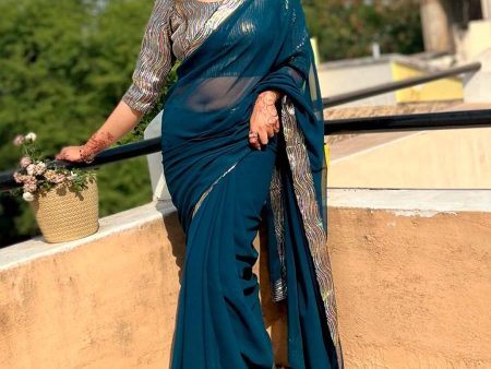 Anouk Teal Blue Sequinned Pure Georgette Saree Online Hot Sale