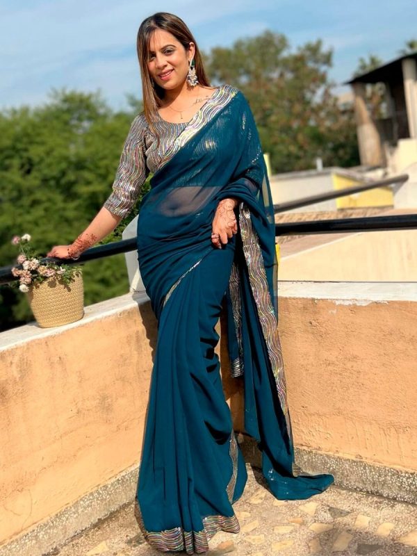 Anouk Teal Blue Sequinned Pure Georgette Saree Online Hot Sale