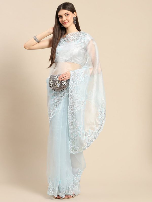 Anouk Blue Organza Saree With Embroidered Border For Discount