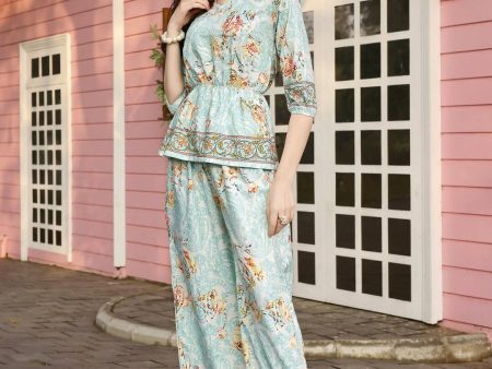 Aqua Blue Rayon Paisley & Floral Printed Top with Matching Bottom - Eesha For Discount