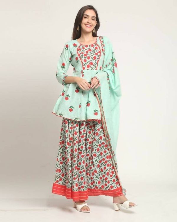 Aastha Fashion Women s Sea Green Cotton Jaipuri Printed Kurta with Trouser & Dupatta Fashion