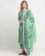 Aastha Fashion Women s Pista Green Cotton Jaipuri Printed Kurta with Trouser & Dupatta Online