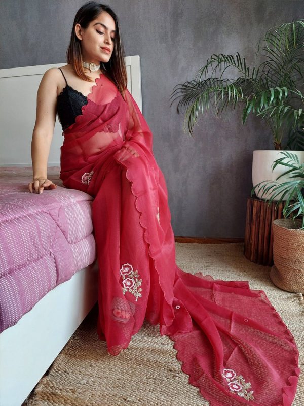 Anouk Red & Black Floral Embroidered Organza Saree Online now