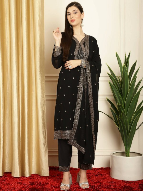 Aastha Fashion Women s Black Georgette Resham Thread & Sequin Kurta with Trouser & Dupatta Hot on Sale