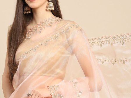 Anouk Pink Sequinned Organza Saree With Embroidered Border Hot on Sale