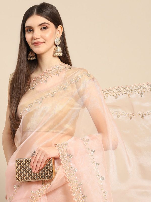 Anouk Pink Sequinned Organza Saree With Embroidered Border Hot on Sale