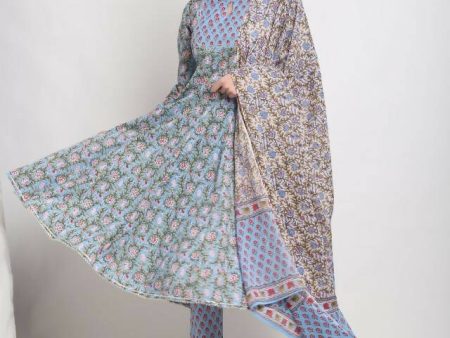 Aastha Fashion Women s Blue Cotton Kalamkari Printed Kurta with Trouser & Dupatta Hot on Sale