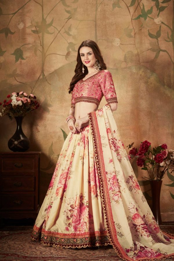 Aastha Fashion Women s Delightful Beige-Peach Floral Print Organza Wedding Wear Lehenga Choli Discount