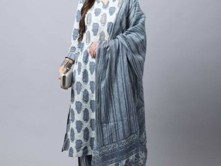 Aastha Fashion Women s Off White Cotton Jaipuri Printed Kurta with Trouser & Dupatta on Sale