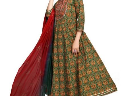 Aastha Fashion Women s Mehendi Cotton Jaipuri Printed Kurta with Trouser & Dupatta Sale