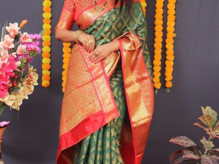 Aastha Fashion Green Woven Kanjivaram Silk Saree with Blouse Supply