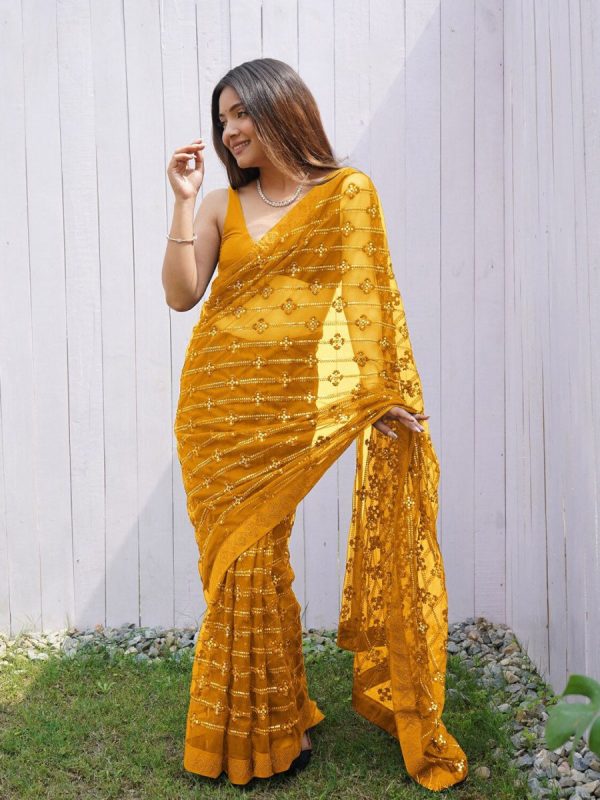 Anouk Mustard Embellished Sequinned Net Saree Online Hot Sale