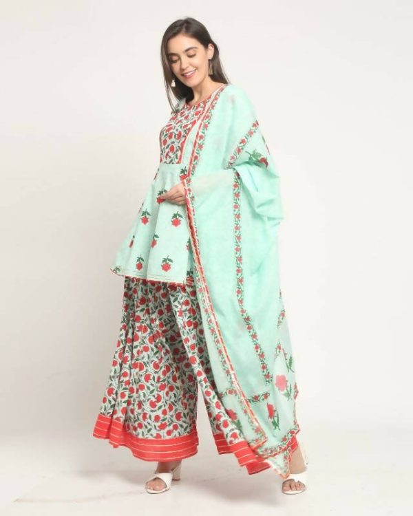 Aastha Fashion Women s Sea Green Cotton Jaipuri Printed Kurta with Trouser & Dupatta Fashion