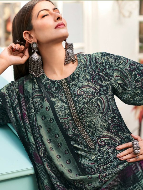 Aastha Fashion Women s Green Velvet Digital Print with Resham Thread work Kurta with Trouser & Dupatta For Discount