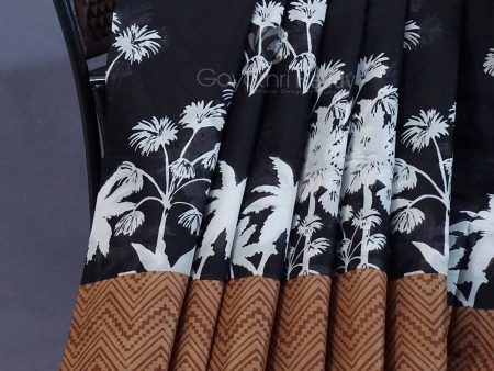 Black And Chikoo Colour Block Print Pure Mulmul Cotton Saree By Gayathri Reddy Designer Studio For Sale