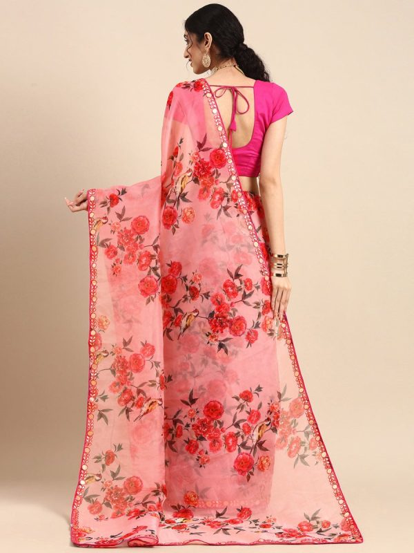 Anouk Pink Floral Printed Organza Saree Online Hot Sale