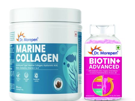 Dr. Morepen Biotin+ Advanced Tablets and Marine Collagen Protein Powder Chocolate Flavour Combo Online Sale