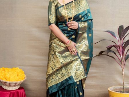 Aastha Fashion Bottle Green Woven Paithani Silk Saree with Blouse For Cheap