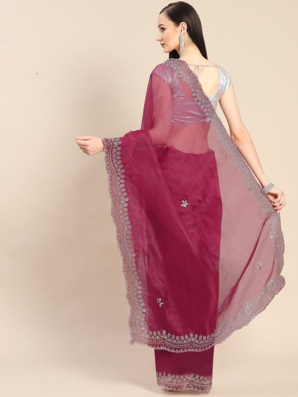 Anouk Pink & Silver-Coloured Sequinned Organza Saree For Cheap