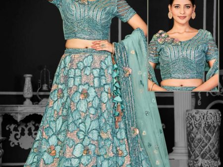 Aqua Blue Net Semi-Stitched Bridal Lehenga - Nimayaa Bonanza Cheap