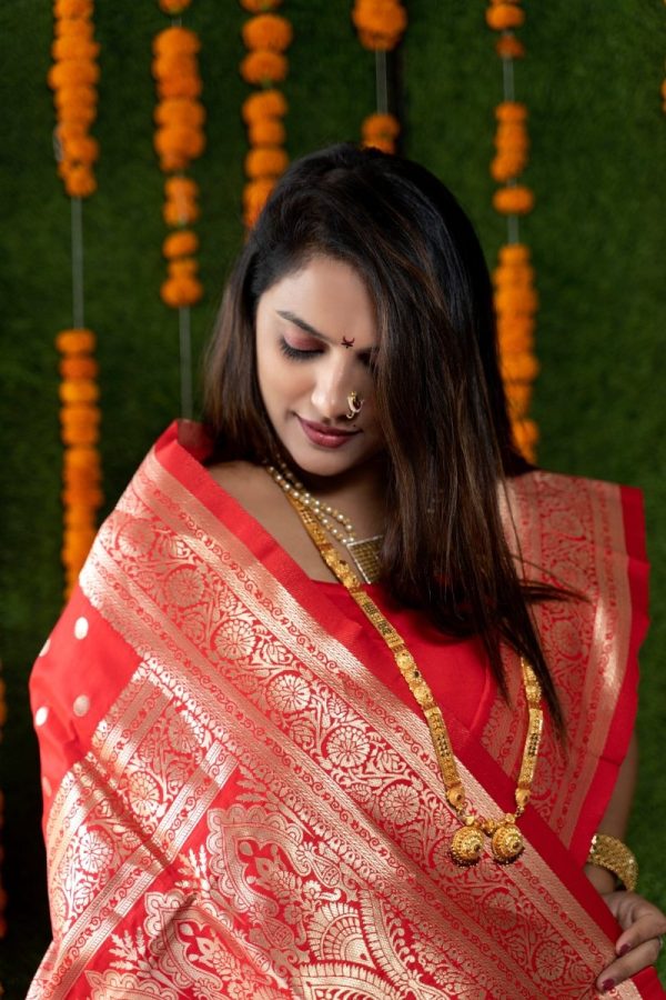 Aastha Fashion Red Woven Banarasi Silk Saree with Blouse on Sale