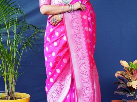 Aastha Fashion Rani Pink Woven Banarasi Silk Saree with Blouse Hot on Sale