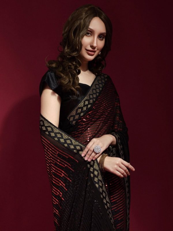 Anouk Black & Red Embellished Sequinned Pure Georgette Saree Online now