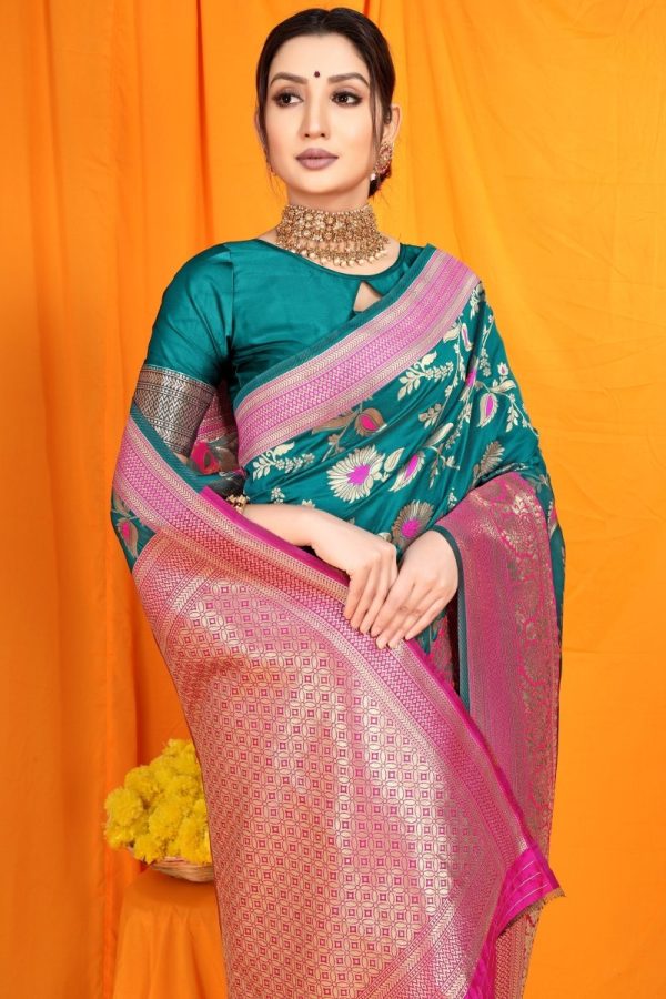 Aastha Fashion Teal Woven Banarasi Silk Saree with Blouse Sale