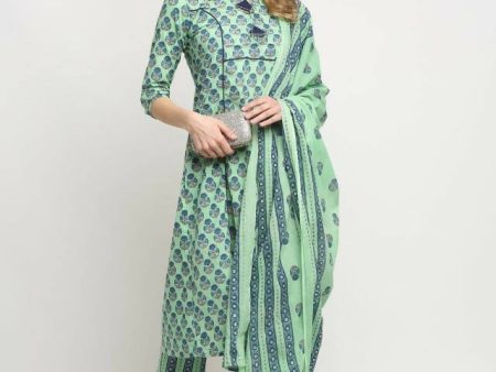 Aastha Fashion Women s Pista Green Cotton Jaipuri Printed Kurta with Trouser & Dupatta Online