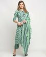 Aastha Fashion Women s Pista Green Cotton Jaipuri Printed Kurta with Trouser & Dupatta Online