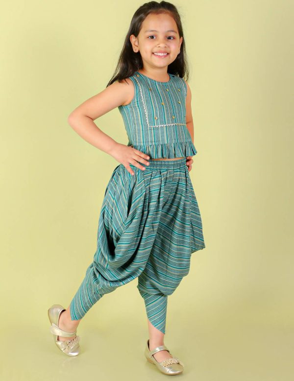 Lil Drama Girls Top With Dhoti Set - Sea Green Cheap