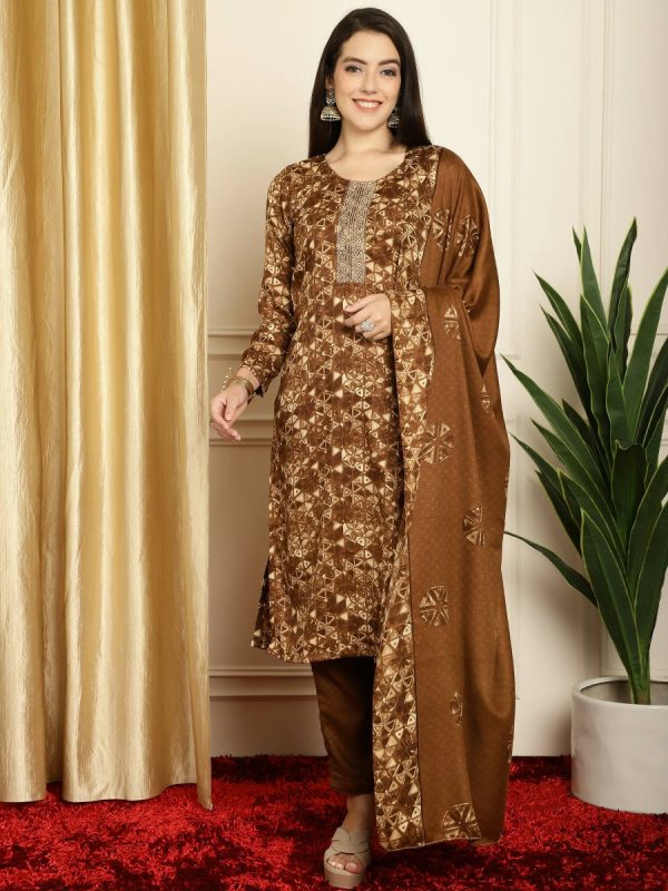 Aastha Fashion Women s Brown Pashmina Floral Digital Printed Kurta with Trouser & Dupatta on Sale