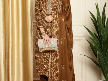 Aastha Fashion Women s Brown Pashmina Floral Digital Printed Kurta with Trouser & Dupatta on Sale