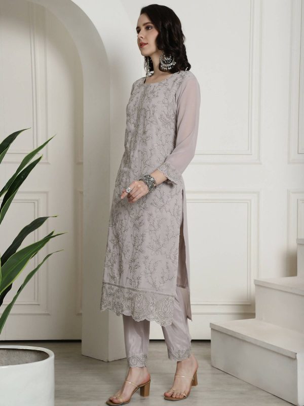 Aastha Fashion Women s Grey Georgette Floral Resham Thread with Cording & Crystal work Kurta with Trouser & Dupatta Online Sale