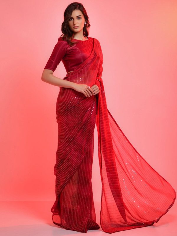 Anouk Red & Gold-Toned Embellished Sequinned Pure Georgette Saree Online